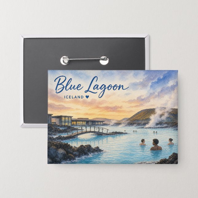 Badge Lagon bleu Islande bain thermal aquarelle  (Recto/Verso)