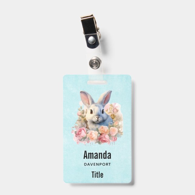 Badge Lapin avec une guirlande de roses Mignon (Avant avec clip)