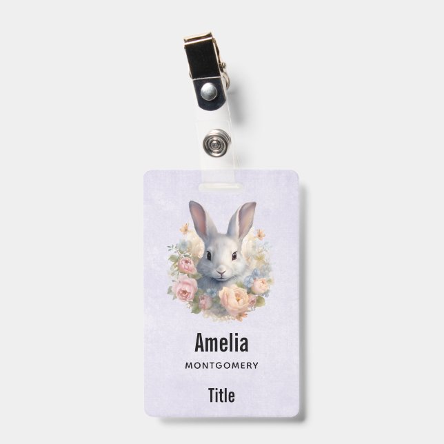 Badge Lapin Entouré de Fleurs Pastel Mignon (Avant avec clip)
