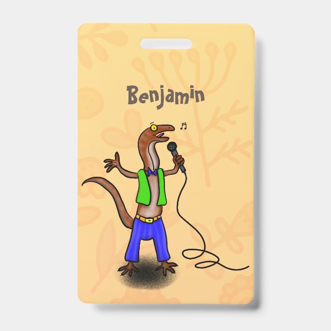 Badge Lézard drôle chantant avec un microphone de dessin (Avant)