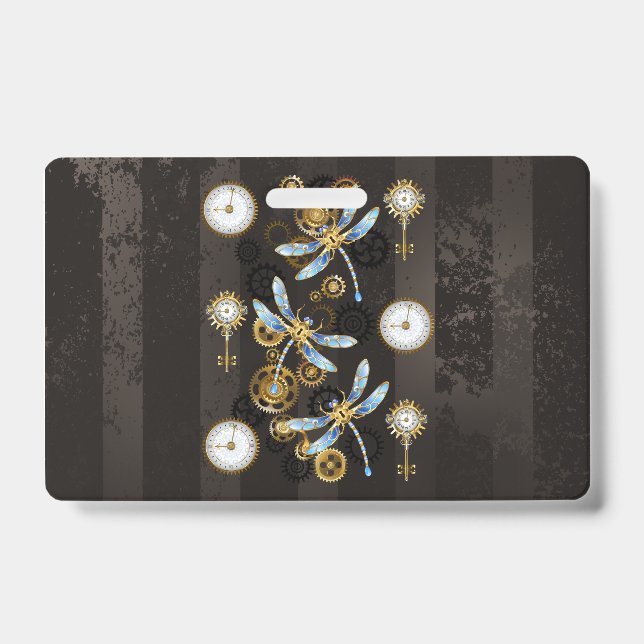 Badge Libellules Steampunk sur fond rayé marron (Avant)