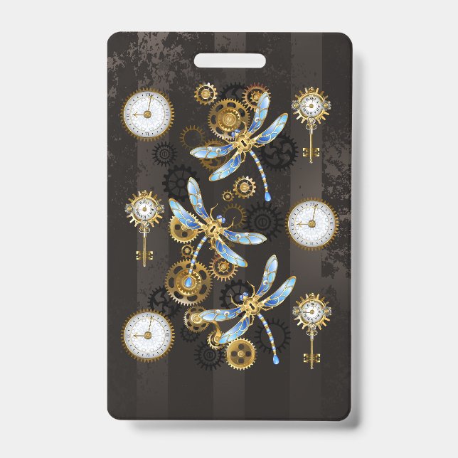 Badge Libellules Steampunk sur fond rayé marron (Avant)