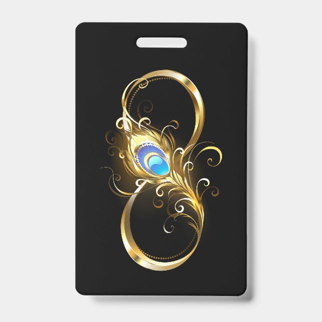 Badge L'infini avec plume de paon dorée (Avant)