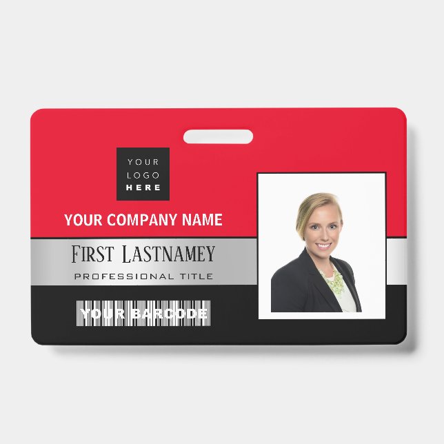 Badge Logo Code-barres Employé Nom Scanner Noir Rouge (Avant)
