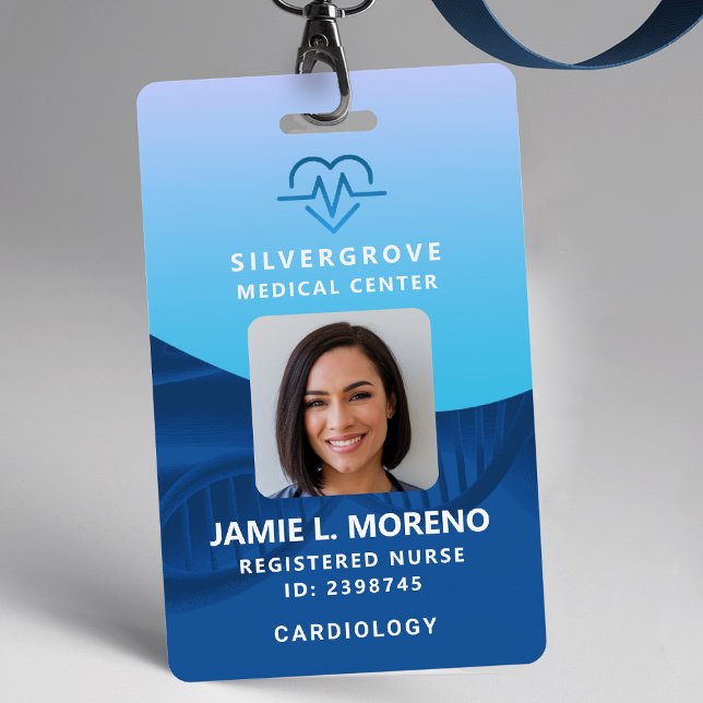 Badge Logo de cœur médical de soins de santé Photo bleue (nurse id badge custom hospital clinic medical office clinic center wellbeing blue ekg logo photo qr)