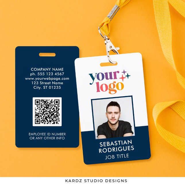 Badge Logo de l'entreprise - Photo Blue ID de l'employé (Front and back of card shown, create QR with your URL. Personalize with photo and info on the back.)