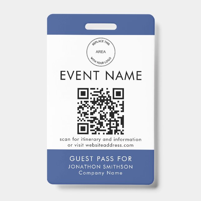 Badge Logo de l'événement Code QR Billet invité Nom Bleu (Avant)
