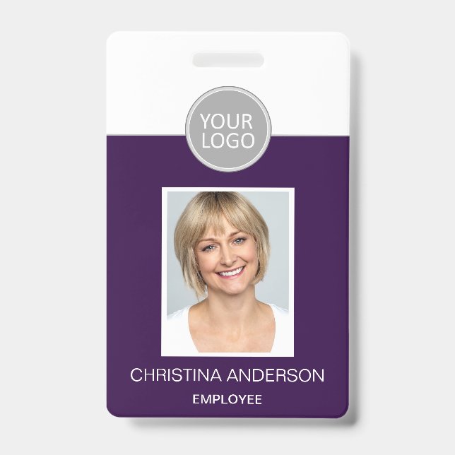 Badge Logo de nom d'employé violet Photo d'identité prof (Avant)