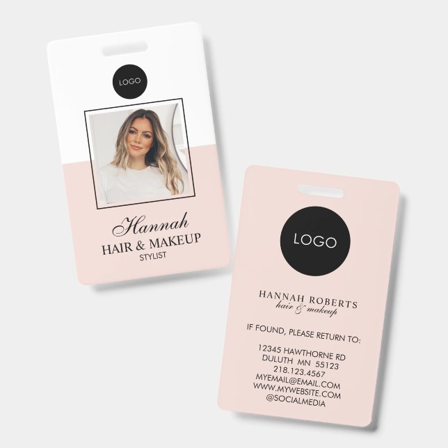 Badge Logo de script rose poudré pour photo de coiffure  (Avant & arrière)