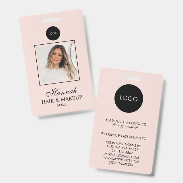 Badge Logo de script rose poudré pour photo de coiffure  (Avant & arrière)