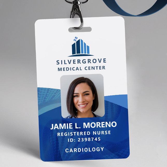 Badge Logo de soins de santé Médicale ADN bleu Photo ID  (nurse id badge custom hospital clinic medical office clinic center wellbeing blue logo dna photo qr)