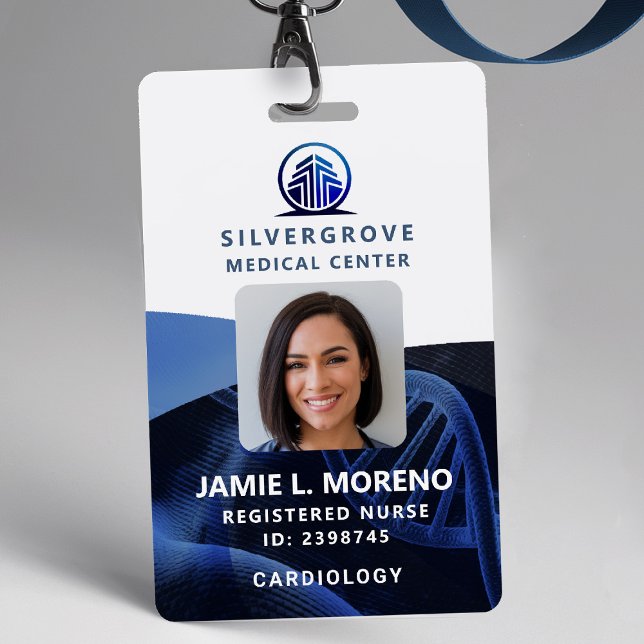 Badge Logo de soins de santé Médicales ADN bleu Photo ID (nurse id badge custom hospital clinic medical center office clinic blue logo dna photo qr code)