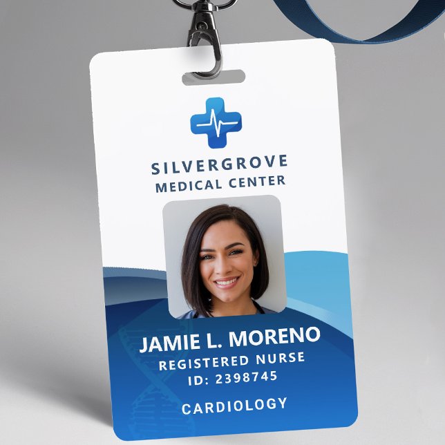 Badge Logo de soins médicaux Moderne Photo Bleue Infirmi (nurse id badge custom hospital clinic medical center office clinic cross blue logo photo qr code)