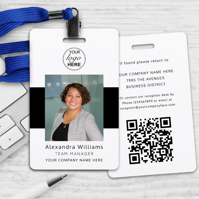 Badge Logo d'entreprise Code QR de la carte d'identité p (Custom employee photo id with company logo with scannable qr code security badge Conference events)