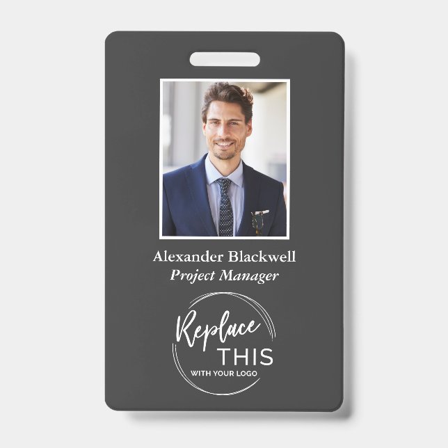 Badge Logo d'entreprise personnalisé sur fond gris foncé (Avant)
