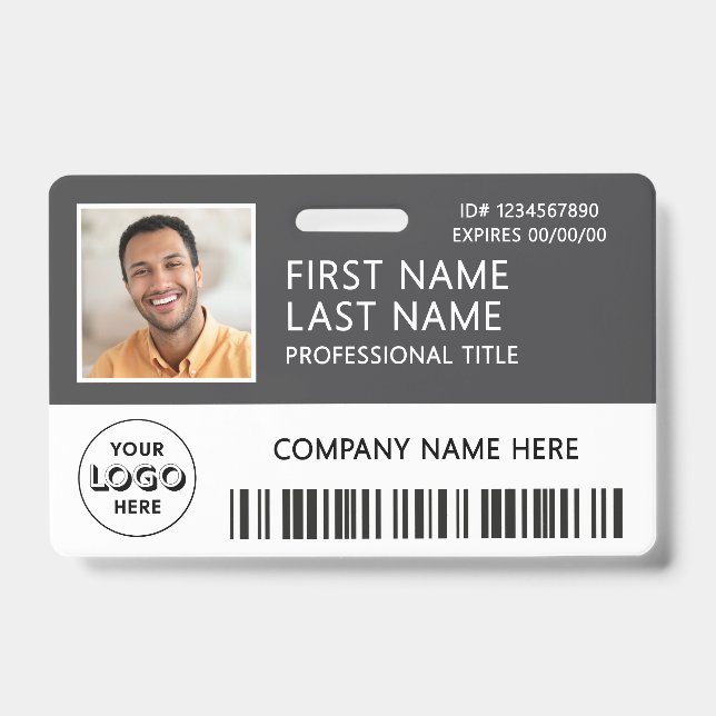 Badge Logo d'entreprise Photo ID Code-barres Gris Nom (Avant)