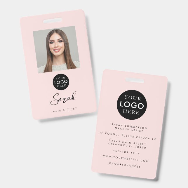 Badge Logo d'entreprise rose noir pour employé coiffeur (Avant & arrière)