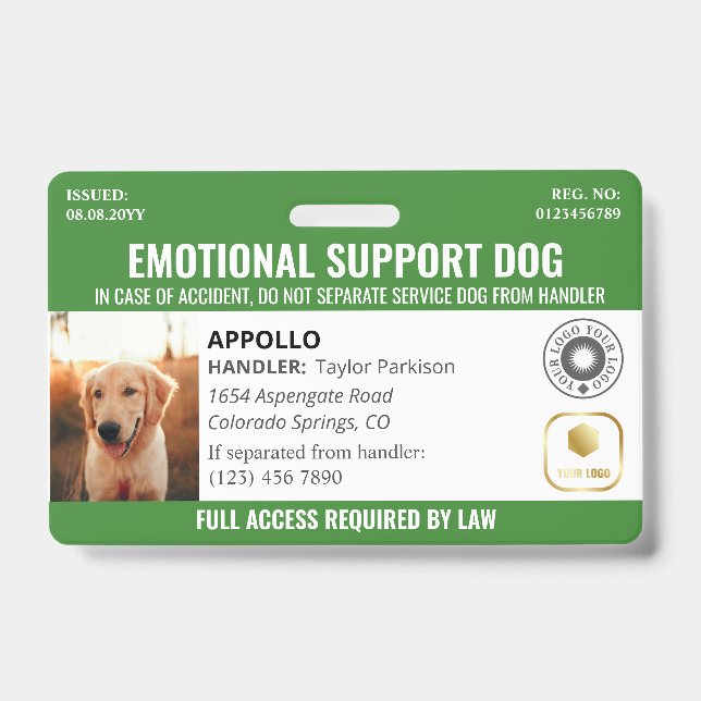 Badge Logo et ID photo Green Service Dog 2 (Avant)