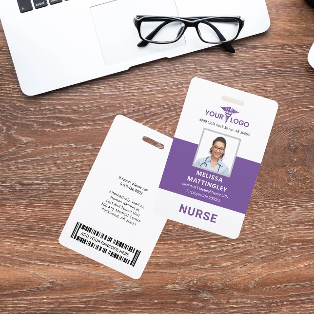 Badge Logo et photo de l'employé de l'hôpital (Purple Nurse Photo ID Card with Barcode)