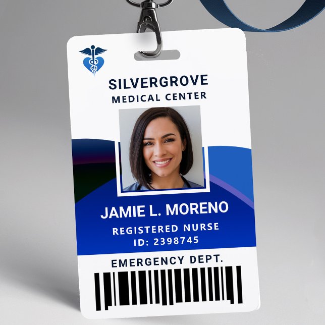 Badge Logo Médicale Clinique Hôpital Bleu Photo Infirmiè (nurse id badge custom hospital clinic medical center office clinic blue logo photo bar code)