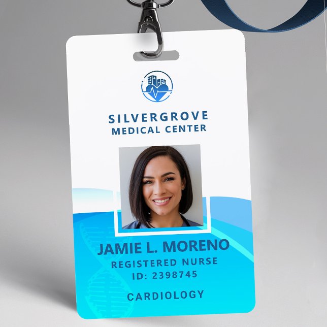 Badge Logo Médicale Santé Moderne Aqua Photo Infirmière  (nurse id badge custom hospital clinic medical center office clinic blue aqua logo photo qr code)