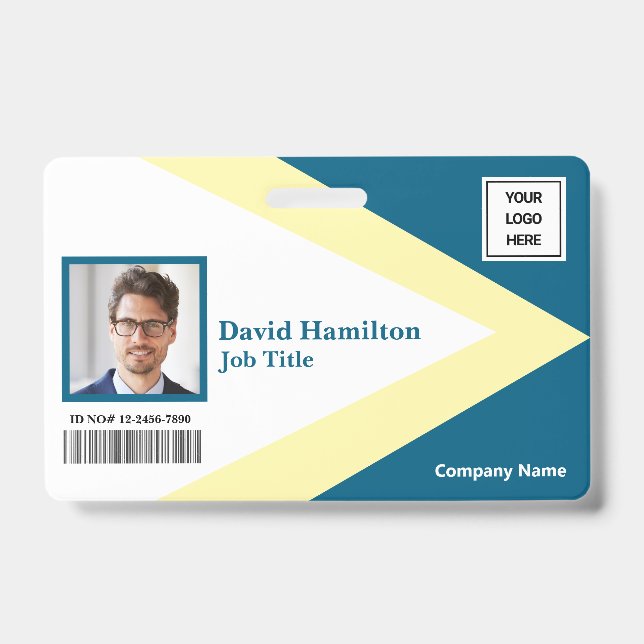 Badge Logo Photo Code-Barres Bleu Blanc Jaune Géométriqu (Avant)