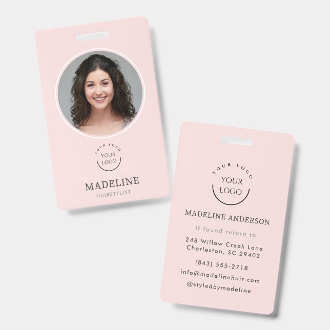 Badge Logo Photo Coiffeur Rose Pâle Moderne (Avant & arrière)