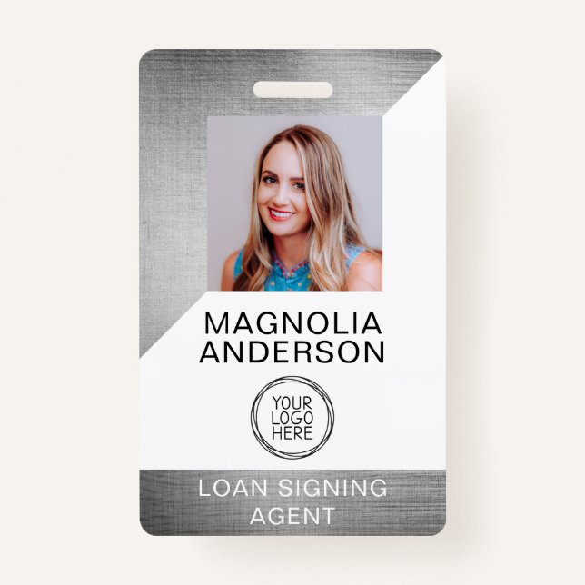 Badge Logo photo de l'employé en métal brossé Code à bar (Devant)