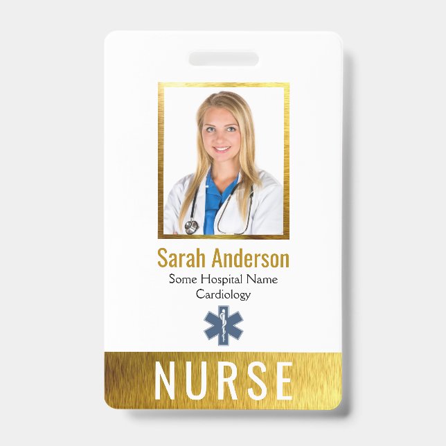 Badge Logo Photo Infirmière Code barre Faux Gold Élégant (Avant)