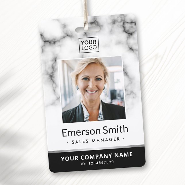 Badge Logo photo marbre blanc moderne employé (Photo logo white marble black modern employee badge)