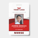 Badge Logo photo Modèle rouge Nom de l'employé Infirmièr<br><div class="desc">Créez votre propre nom d'employé rouge personnalisé et des badges sur ce modèle moderne et facile à utiliser que vous pouvez ajouter votre propre photo, logo d'entreprise et d'autres informations importantes sur l'entreprise. Bien que la conception sophistiquée de ces badges professionnels verticaux soit présentée pour les médecins, les infirmières et...</div>