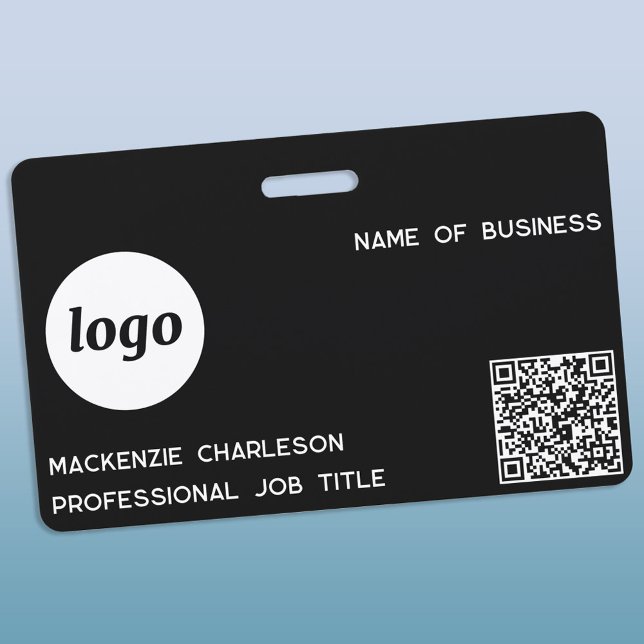 Badge Logo QR Code Professionnel Entreprise Noir Nom (Simple logo QR code with custom text business promotional branding name tag)