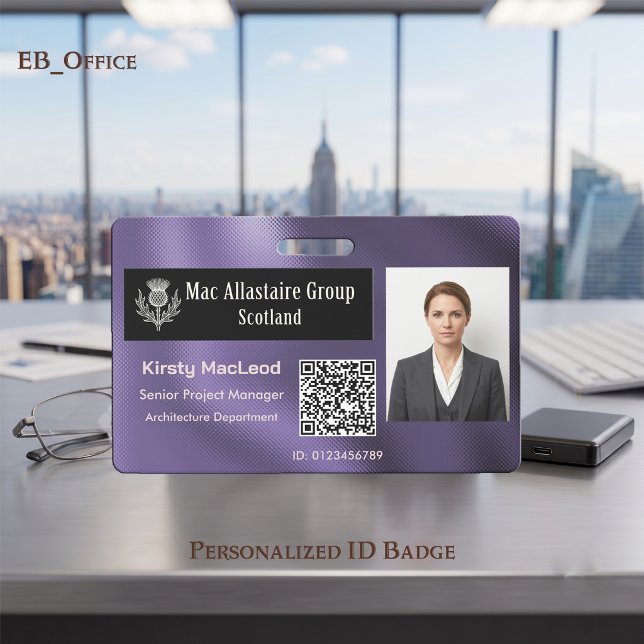 Badge Logo Rectangle Personnalisé Photo ID Métallic Viol (Purple Custom Wide Logo Placeholder Photo ID Badge Template. Size 2.13 x 3.38 Inches)