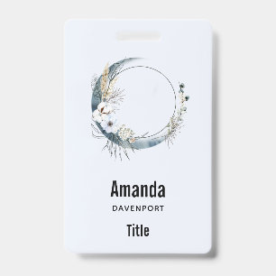 Badge Lune de croissant bleu avec fleurs blanches