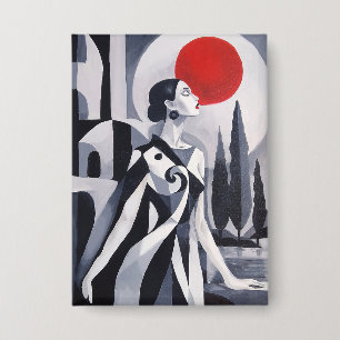 Badge Lune écarlate : Femme stylisée - Œuvre d'art ronde