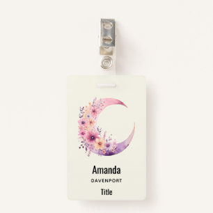 Badge Lune rose Croissant avec de jolies fleurs
