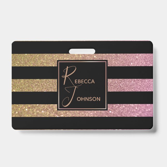 Badge Luxe Or Rose Pailleté Rayures (Avant)