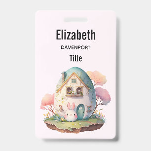 Badge Maison en forme d'oeuf et lapin rose dans le style
