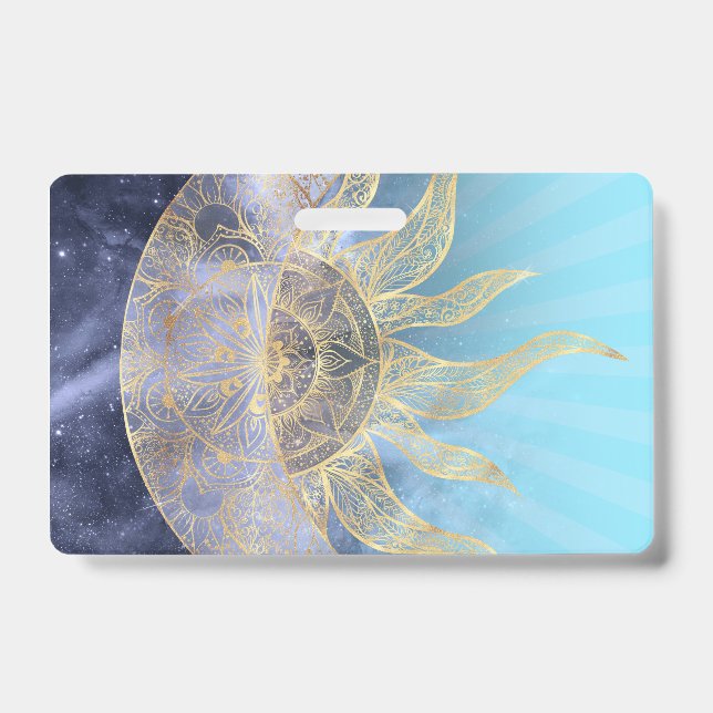 Badge Mandala Céleste Lune Soleil Doré Design (Avant)