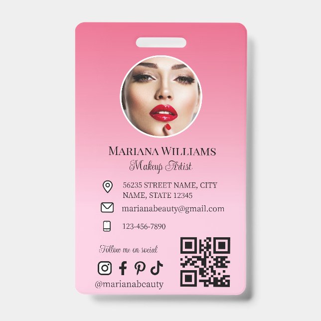Badge maquillage artiste photo qr code rose petite entre (Front)