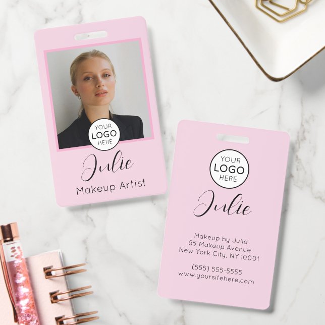 Badge Maquilleuse avec photo rose et logo (Bureau)