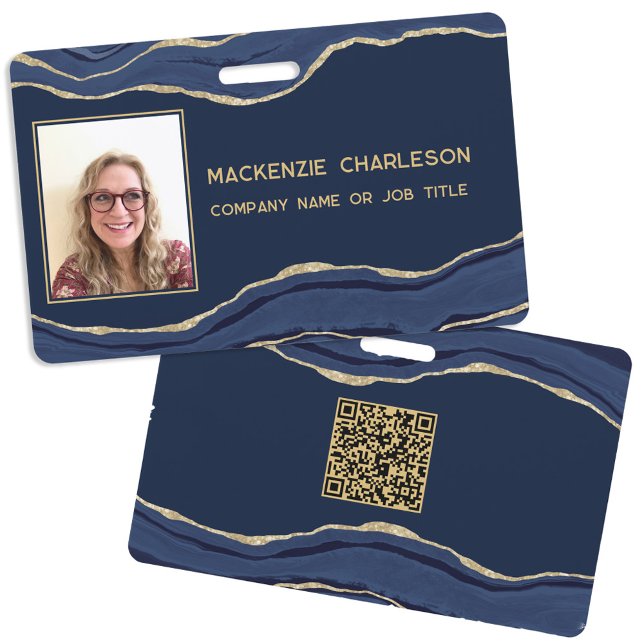 Badge Marbre Bleu Agate Géode Code QR Photo ID Nom (Navy blue agate marble geode professional business photo id name QR code badge)
