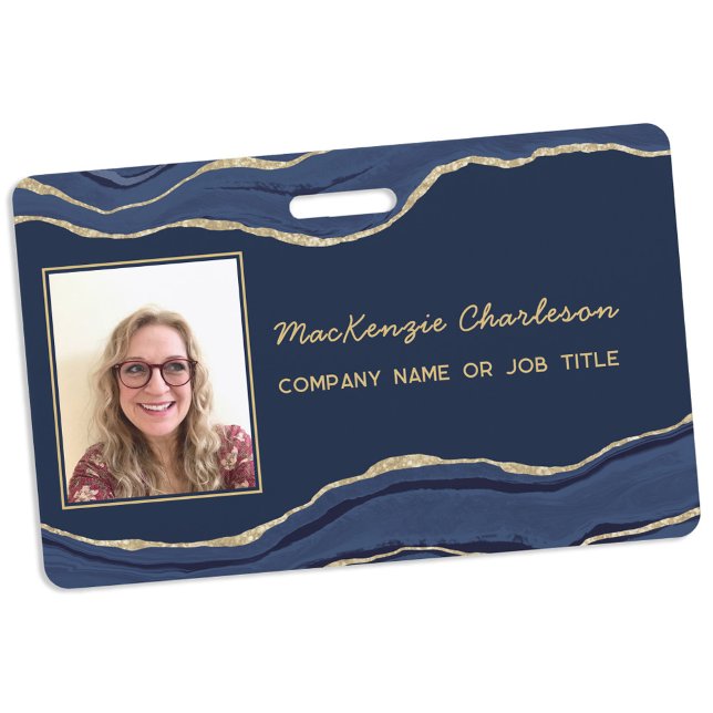 Badge Marbre Bleu Agate Géode Photo ID Nom d'entreprise (Navy blue gold agate marble geode business photo name tag)