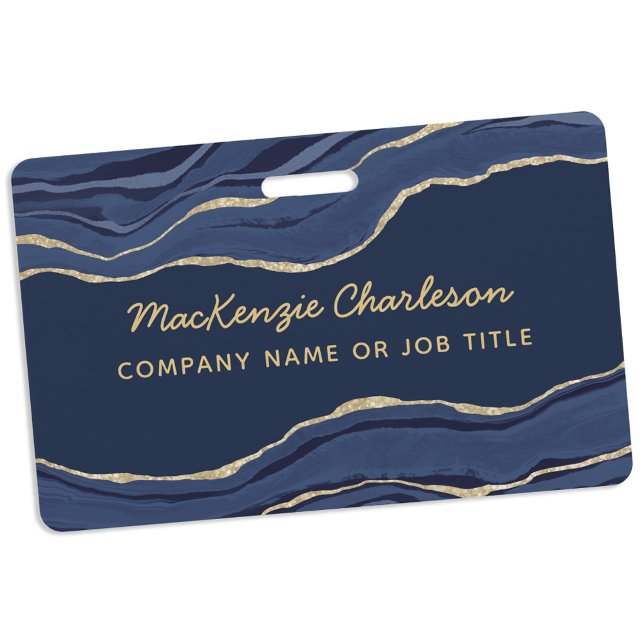 Badge Marbre Bleu Nuit Agate Géode Or Nom de l'entrepris (Navy blue gold agate marble geode professional business name ID badge)