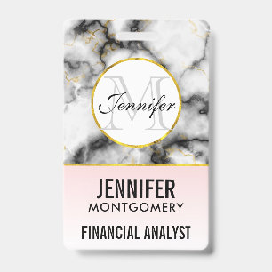 Badge Marbre gris blanc moderne avec monogramme ruban do