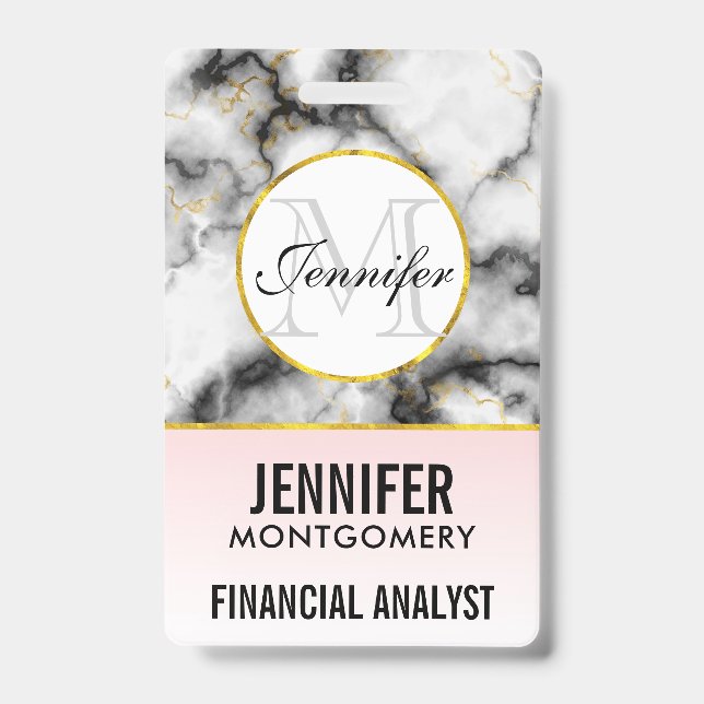 Badge Marbre gris blanc moderne avec monogramme ruban do (Avant)