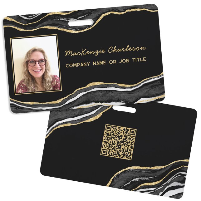 Badge Marbre Noir Agate Géode Code QR Photo ID Nom (Black marble agate geode gold business photo id with QR code)