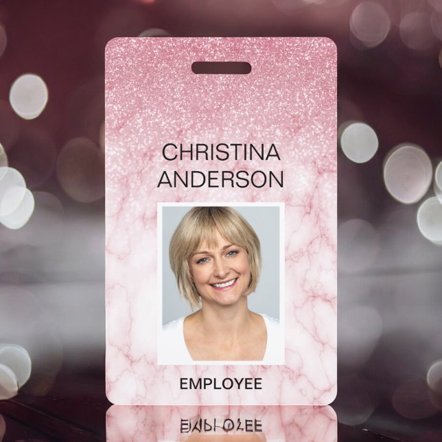 Badge Marbre Rose Pailleté Nom de l'employé Photo Entrep (Créateur téléchargé)