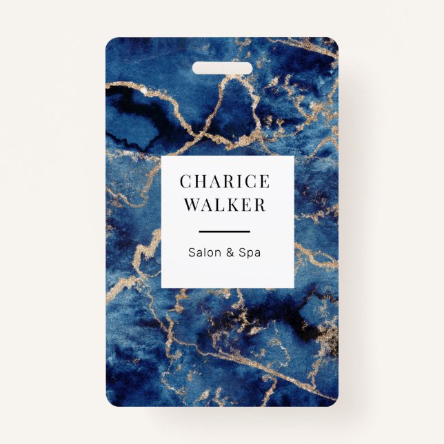 Badge marine bleu vagues or océan salon nom monogramme (Devant)