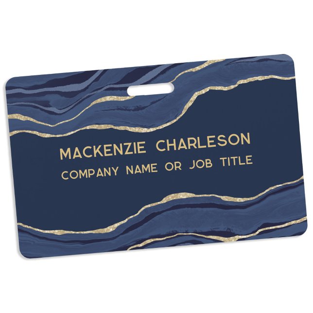 Badge Marine Marbre bleu Agate Géode Or Nom commercial I (Navy blue gold agate marble geode business professional name id badge)